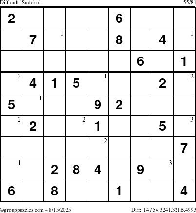The grouppuzzles.com Difficult Sudoku puzzle for Friday August 15, 2025 with the first 3 steps marked