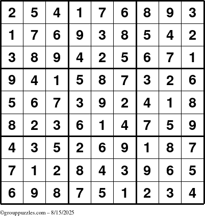 The grouppuzzles.com Answer grid for the Sudoku puzzle for Friday August 15, 2025