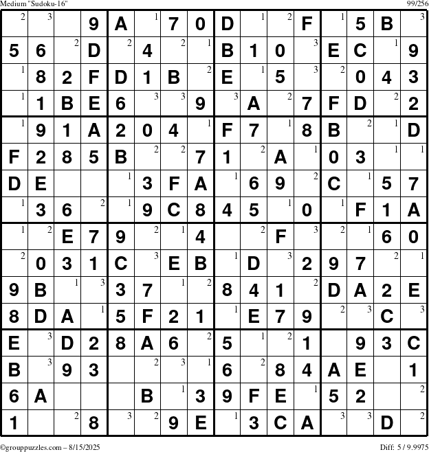The grouppuzzles.com Medium Sudoku-16 puzzle for Friday August 15, 2025 with the first 3 steps marked