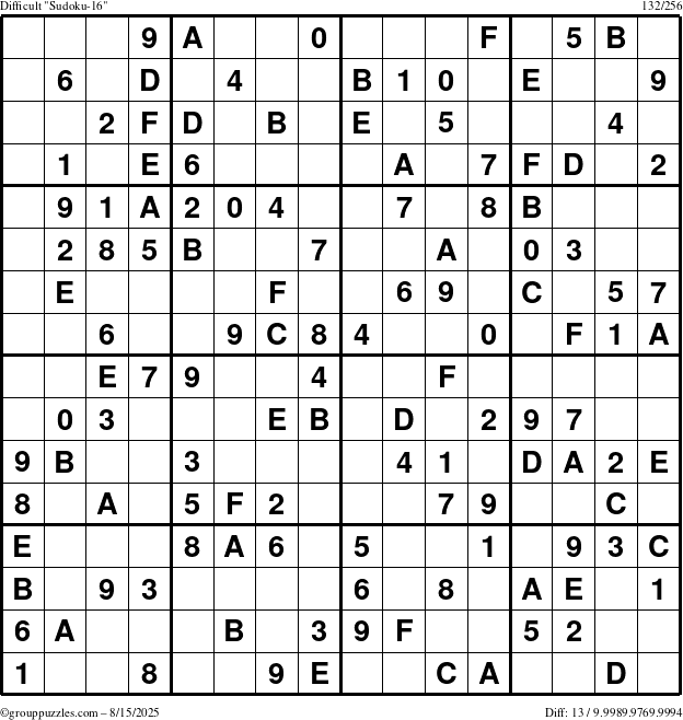The grouppuzzles.com Difficult Sudoku-16 puzzle for Friday August 15, 2025