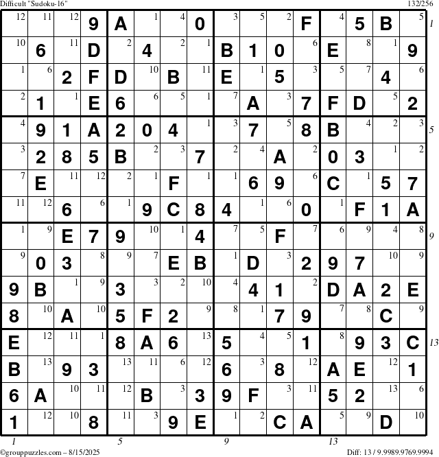 The grouppuzzles.com Difficult Sudoku-16 puzzle for Friday August 15, 2025 with all 13 steps marked