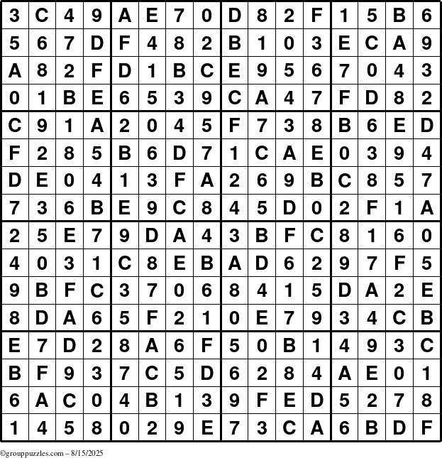 The grouppuzzles.com Answer grid for the Sudoku-16 puzzle for Friday August 15, 2025