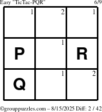 The grouppuzzles.com Easy TicTac-PQR puzzle for Friday August 15, 2025 with the first 2 steps marked