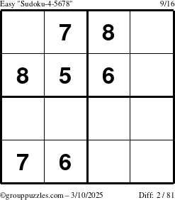 The grouppuzzles.com Easy Sudoku-4-5678 puzzle for Monday March 10, 2025