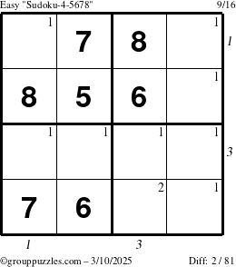 The grouppuzzles.com Easy Sudoku-4-5678 puzzle for Monday March 10, 2025 with all 2 steps marked