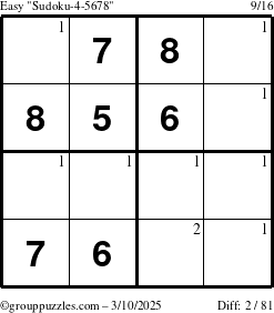 The grouppuzzles.com Easy Sudoku-4-5678 puzzle for Monday March 10, 2025 with the first 2 steps marked