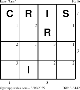 The grouppuzzles.com Easy Cris puzzle for Monday March 10, 2025 with all 3 steps marked