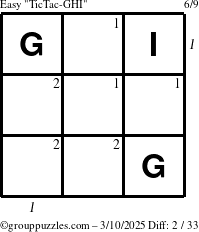 The grouppuzzles.com Easy TicTac-GHI puzzle for Monday March 10, 2025 with all 2 steps marked