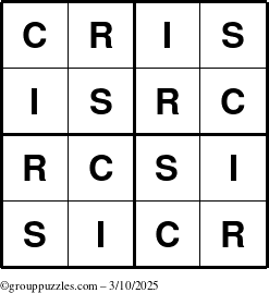 The grouppuzzles.com Answer grid for the Cris puzzle for Monday March 10, 2025