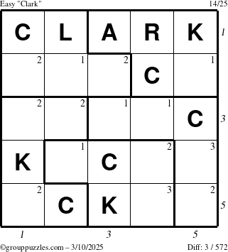 The grouppuzzles.com Easy Clark puzzle for Monday March 10, 2025 with all 3 steps marked