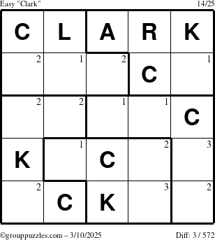 The grouppuzzles.com Easy Clark puzzle for Monday March 10, 2025 with the first 3 steps marked