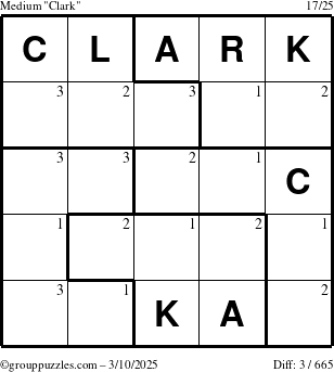 The grouppuzzles.com Medium Clark puzzle for Monday March 10, 2025 with the first 3 steps marked