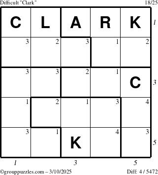 The grouppuzzles.com Difficult Clark puzzle for Monday March 10, 2025, suitable for printing, with all 4 steps marked