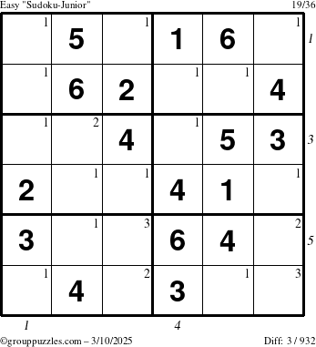 The grouppuzzles.com Easy Sudoku-Junior puzzle for Monday March 10, 2025, suitable for printing, with all 3 steps marked