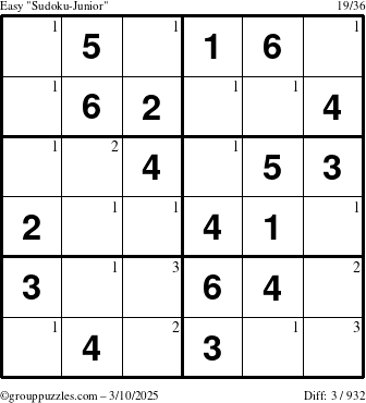 The grouppuzzles.com Easy Sudoku-Junior puzzle for Monday March 10, 2025 with the first 3 steps marked