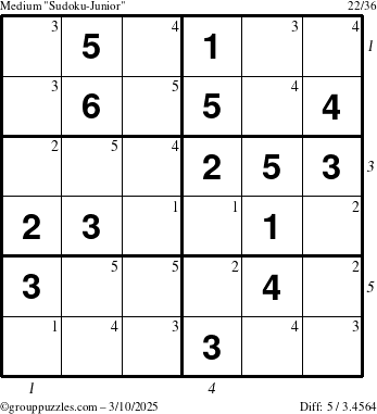 The grouppuzzles.com Medium Sudoku-Junior puzzle for Monday March 10, 2025 with all 5 steps marked