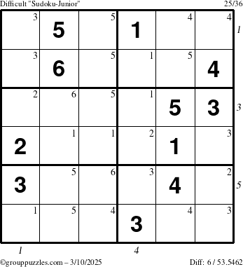 The grouppuzzles.com Difficult Sudoku-Junior puzzle for Monday March 10, 2025 with all 6 steps marked