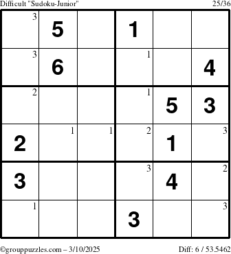 The grouppuzzles.com Difficult Sudoku-Junior puzzle for Monday March 10, 2025 with the first 3 steps marked