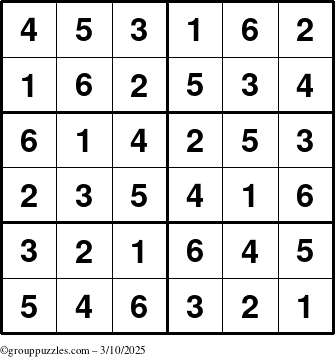 The grouppuzzles.com Answer grid for the Sudoku-Junior puzzle for Monday March 10, 2025