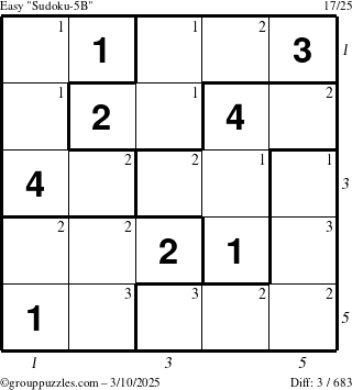 The grouppuzzles.com Easy Sudoku-5B puzzle for Monday March 10, 2025 with all 3 steps marked