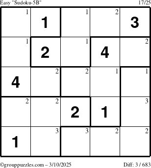 The grouppuzzles.com Easy Sudoku-5B puzzle for Monday March 10, 2025 with the first 3 steps marked