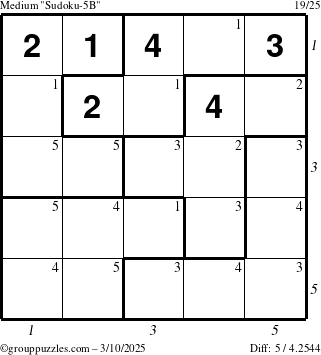 The grouppuzzles.com Medium Sudoku-5B puzzle for Monday March 10, 2025 with all 5 steps marked