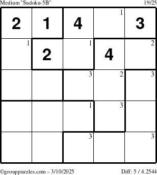 The grouppuzzles.com Medium Sudoku-5B puzzle for Monday March 10, 2025 with the first 3 steps marked