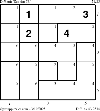 The grouppuzzles.com Difficult Sudoku-5B puzzle for Monday March 10, 2025 with all 6 steps marked