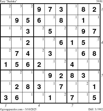 The grouppuzzles.com Easy Sudoku puzzle for Monday March 10, 2025 with all 3 steps marked