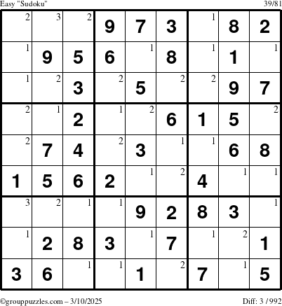 The grouppuzzles.com Easy Sudoku puzzle for Monday March 10, 2025 with the first 3 steps marked