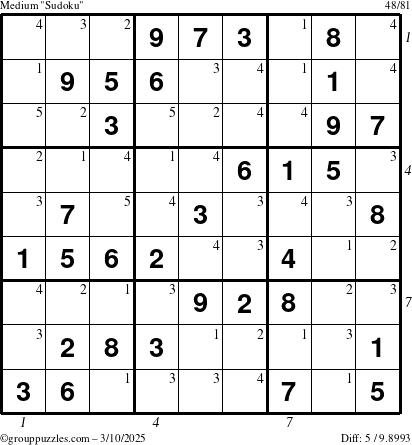 The grouppuzzles.com Medium Sudoku puzzle for Monday March 10, 2025, suitable for printing, with all 5 steps marked