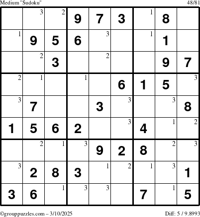 The grouppuzzles.com Medium Sudoku puzzle for Monday March 10, 2025 with the first 3 steps marked