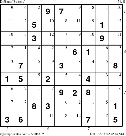 The grouppuzzles.com Difficult Sudoku puzzle for Monday March 10, 2025 with all 12 steps marked