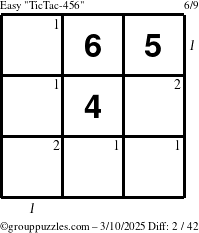 The grouppuzzles.com Easy TicTac-456 puzzle for Monday March 10, 2025 with all 2 steps marked