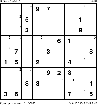 The grouppuzzles.com Difficult Sudoku puzzle for Monday March 10, 2025 with the first 3 steps marked