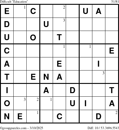 The grouppuzzles.com Difficult Education-c1 puzzle for Monday March 10, 2025 with the first 3 steps marked