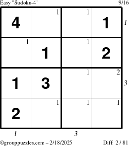 The grouppuzzles.com Easy Sudoku-4 puzzle for Tuesday February 18, 2025 with all 2 steps marked