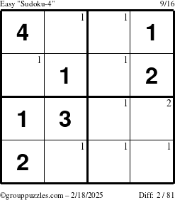 The grouppuzzles.com Easy Sudoku-4 puzzle for Tuesday February 18, 2025 with the first 2 steps marked