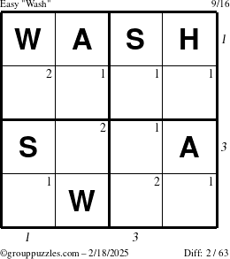 The grouppuzzles.com Easy Wash puzzle for Tuesday February 18, 2025 with all 2 steps marked