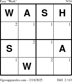 The grouppuzzles.com Easy Wash puzzle for Tuesday February 18, 2025 with the first 2 steps marked