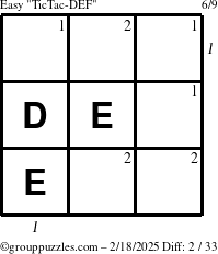 The grouppuzzles.com Easy TicTac-DEF puzzle for Tuesday February 18, 2025 with all 2 steps marked