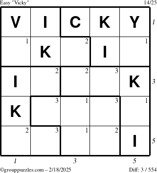 The grouppuzzles.com Easy Vicky puzzle for Tuesday February 18, 2025 with all 3 steps marked