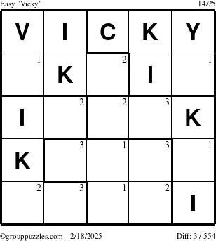 The grouppuzzles.com Easy Vicky puzzle for Tuesday February 18, 2025 with the first 3 steps marked