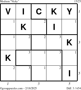 The grouppuzzles.com Medium Vicky puzzle for Tuesday February 18, 2025, suitable for printing, with all 3 steps marked