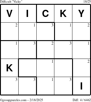 The grouppuzzles.com Difficult Vicky puzzle for Tuesday February 18, 2025 with the first 3 steps marked