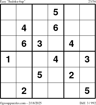 The grouppuzzles.com Easy Sudoku-6up puzzle for Tuesday February 18, 2025