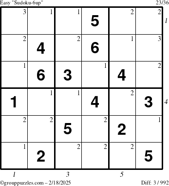 The grouppuzzles.com Easy Sudoku-6up puzzle for Tuesday February 18, 2025 with all 3 steps marked