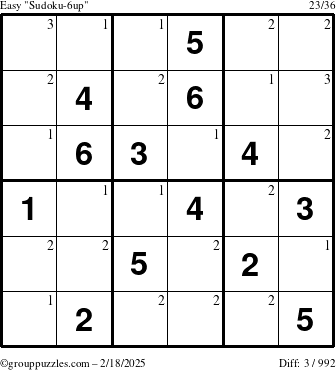 The grouppuzzles.com Easy Sudoku-6up puzzle for Tuesday February 18, 2025 with the first 3 steps marked