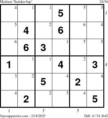 The grouppuzzles.com Medium Sudoku-6up puzzle for Tuesday February 18, 2025 with all 6 steps marked