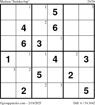 The grouppuzzles.com Medium Sudoku-6up puzzle for Tuesday February 18, 2025 with the first 3 steps marked